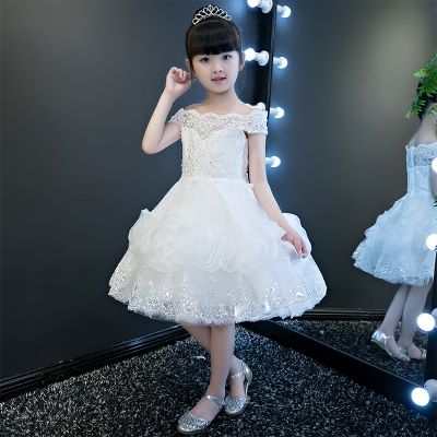 儿童婚纱公主裙女孩蓬蓬白色纱裙主持人中大女童一字肩花童礼服裙