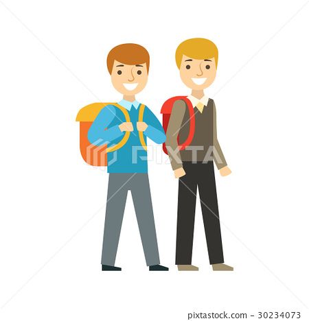 图库插图: two boys walking to school together, part of