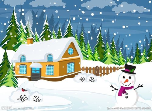 矢量冬季雪中房屋场景插画图片