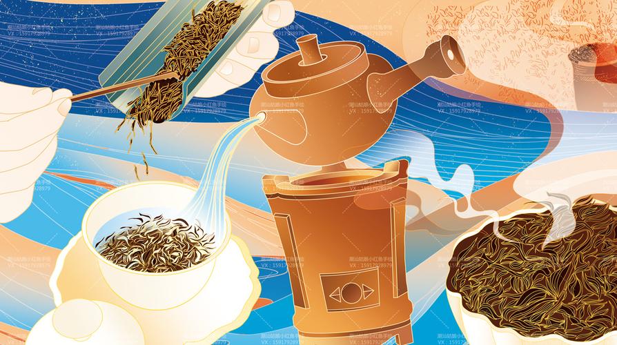 潮汕工夫茶手绘原创插画 潮汕姑娘小红鱼