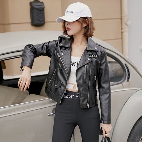 欧洲站2020秋装新款皮衣女短款翻领领扣pu机车夹克小