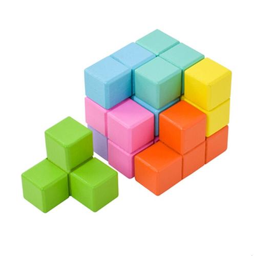 儿童传统木头拼图索玛立方体俄罗斯方块小积木幼儿园早教玩具马卡龙色