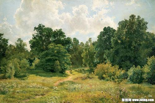 美术 绘画 油画 风景画 大地 村子 房屋 树林 草地 牧羊人 石头 远山