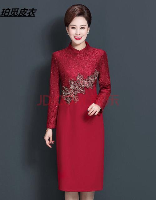 妈妈连衣裙春秋装2021年新款喜婆婆结婚宴中年女装旗袍婚礼服 红色 l