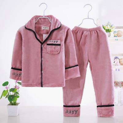 巴巴菓菓法兰绒男女儿童纯色套装家居服秋装镶边绣花睡衣爆款