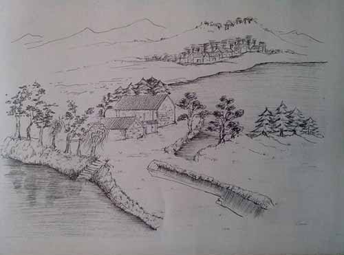 素描乡村风景画图片