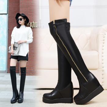 小个子女生长筒靴过膝盖厚底过膝长靴内增高女靴子侧拉链弹力靴韩版