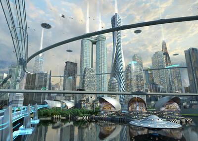 未来世界,飞碟,科幻,科幻车,概念车,悬浮路,cbd,现代建筑,建筑动画,cg