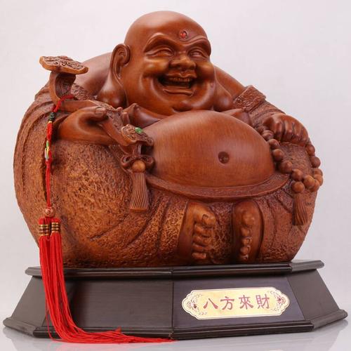 华庭丽娜 八方来财 弥勒佛像 手拿如意佛珠木雕摆件 树脂工艺品 开业