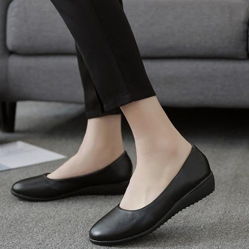40 低跟工作鞋女黑色平底圆头坡跟单鞋女皮鞋工鞋职业大码中跟女鞋