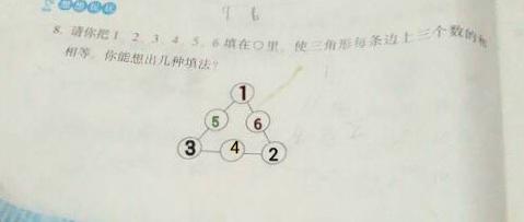 请把123456填在○里,使三角形的每条边上的三个数相等
