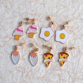 韩国新款冰激淋草莓披萨冰淇淋鸡蛋滴油耳钉可爱卡通耳环食玩耳饰