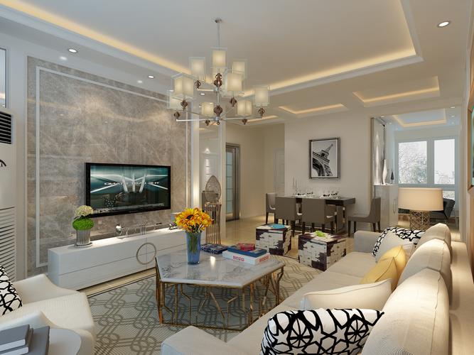 欧式客厅装修设计,石膏板造型吊顶,大理石电视背景墙.