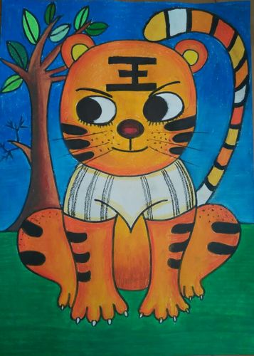 儿童画,插画,油画棒得意的小老虎