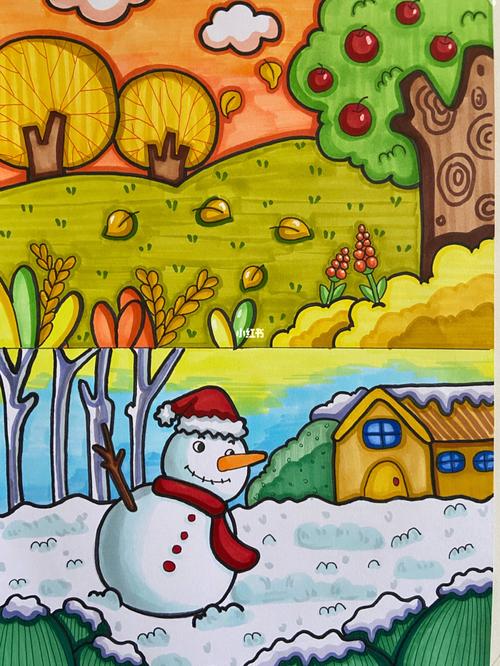 马克笔儿童画春夏秋冬_儿童画_马克笔_幼师_荷花池塘