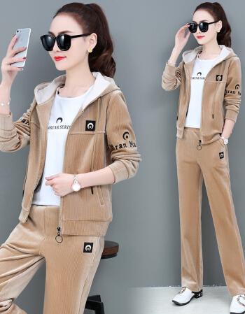 运动套装女春秋装2020新款时尚开衫外套洋气小个子秋天休闲三件套卡其