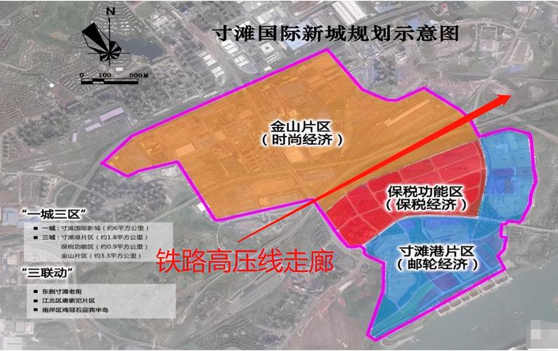 整个寸滩国际新城实际被高压线和铁路被分割成了两个不同的板块