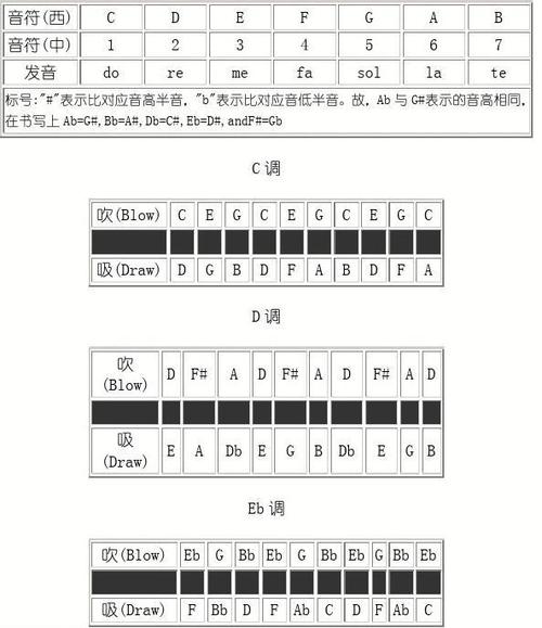 布鲁斯口琴(十孔口琴)音阶对照表