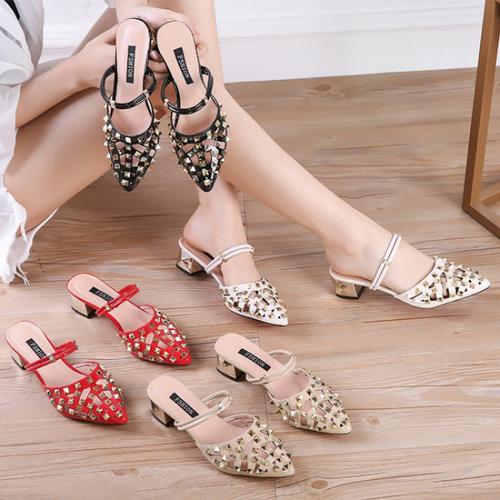 suntek韩版一鞋两穿女凉鞋凉拖女夏外穿时尚中跟粗跟铆钉高跟鞋镂空