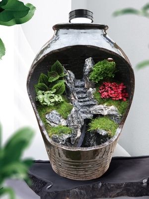 新品陶罐艺术水陆缸松皮石天然吸水石造景青龙石原石盆景微景观装