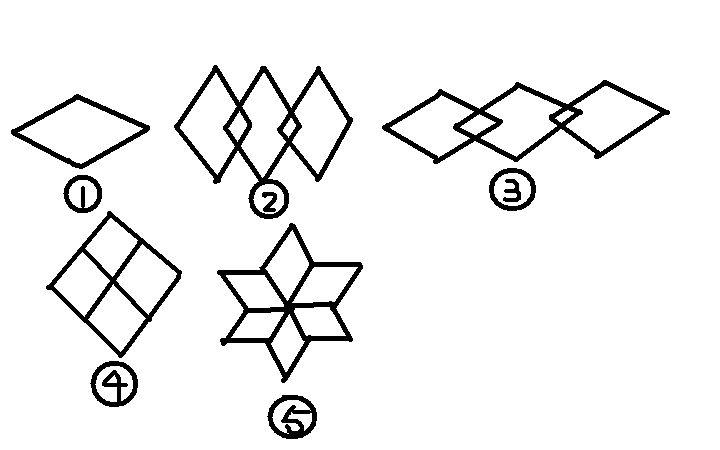 请你用平移,旋转或翻折分析各个图形,他们分别是由图案1进过怎样的