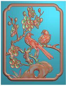 梅花鸟精雕图浮雕图灰度图 小背板门板四季花鸟喜鹊登梅带线图