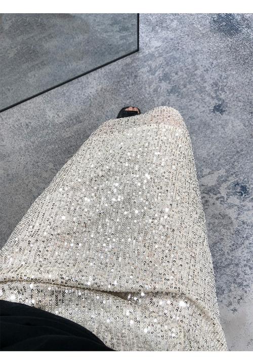 人鱼姬亮片半身裙女夏季中长款气质高腰裙子显瘦开叉一步裙