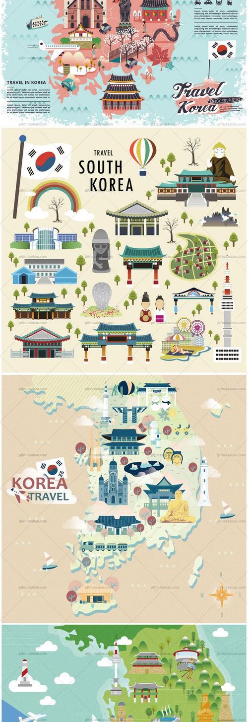 p330#扁平化韩国旅游建筑文化海报地图插画ai eps矢量
